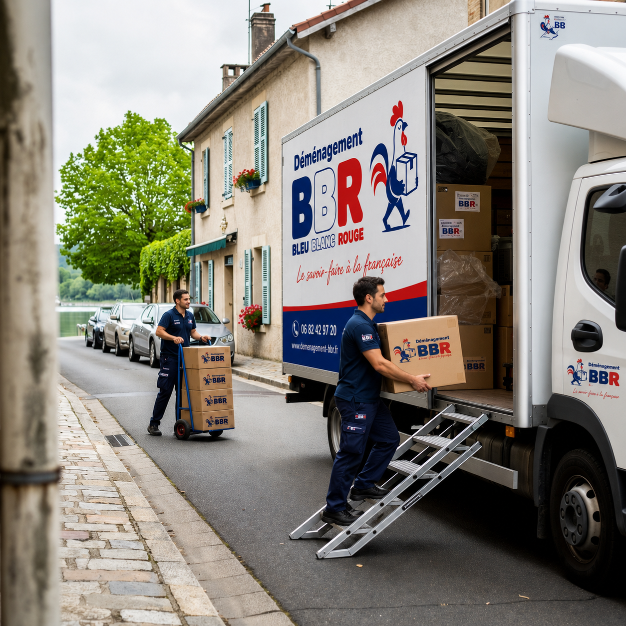 Déménageur BBR avec diable de cartons devant le camion