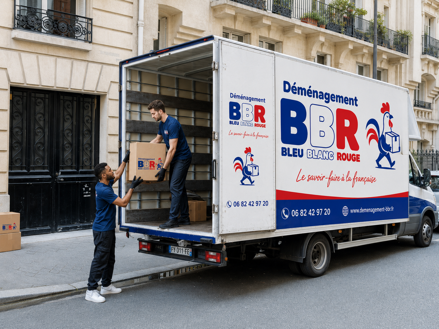 Deux déménageurs BBR chargent un carton dans le camion, Paris